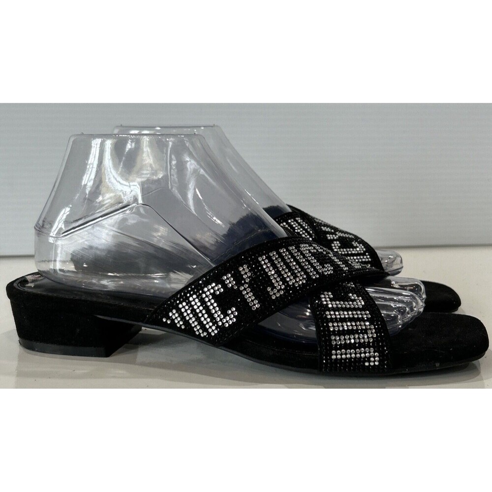 Juicy Couture 8.5 Crystal Logo Black Cross Over Sandals Bling Slip On Shoes
